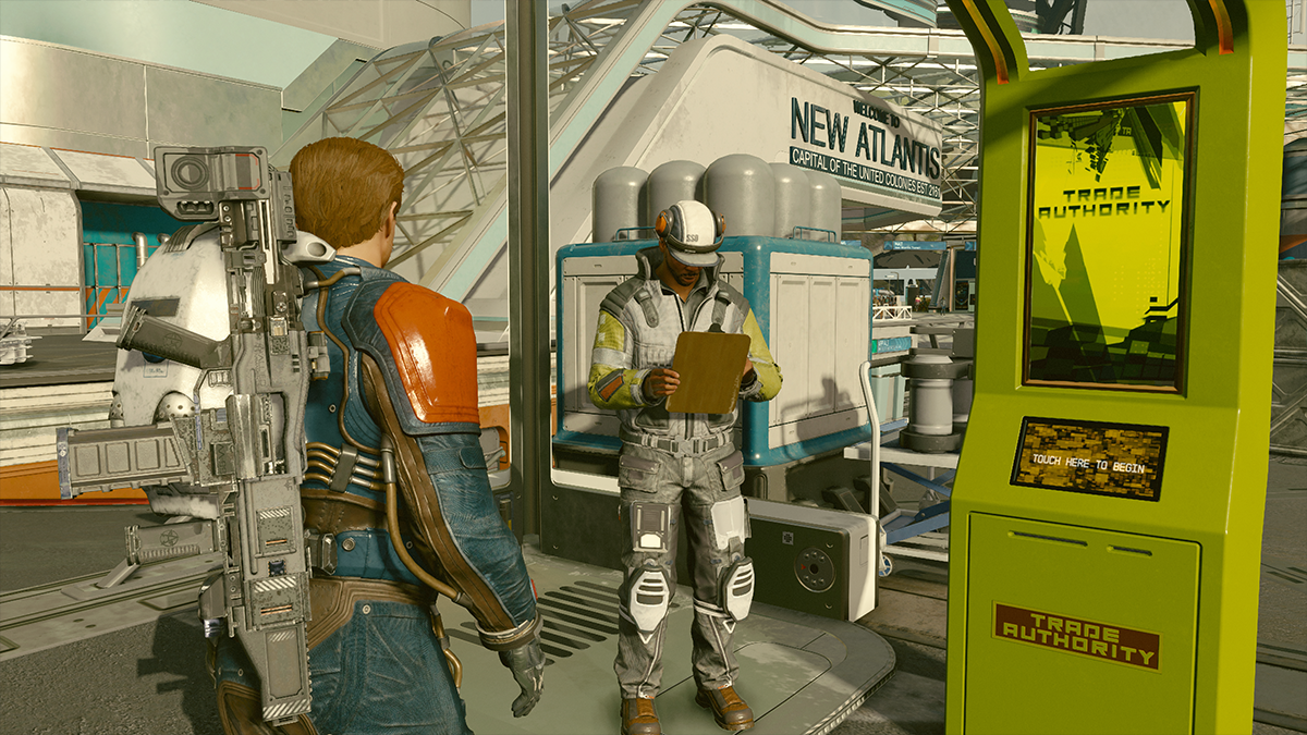 A ship technician reads from a clipboard in a spaceport in Starfield. 