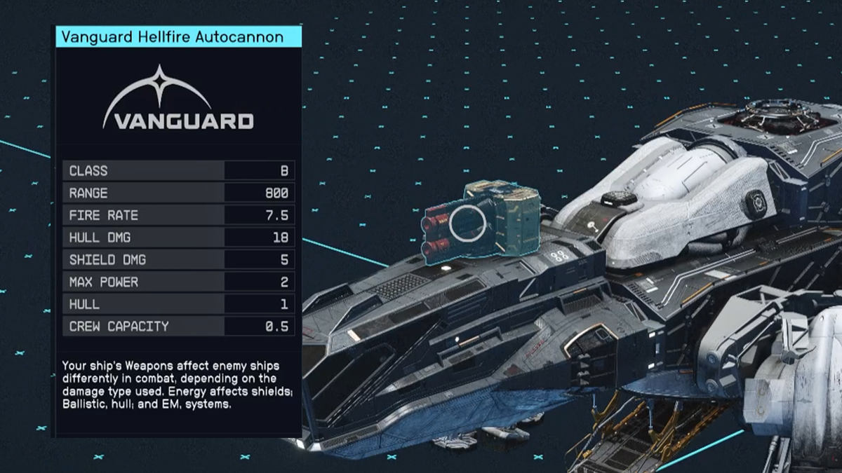 A ship weapons menu from Starfield. 