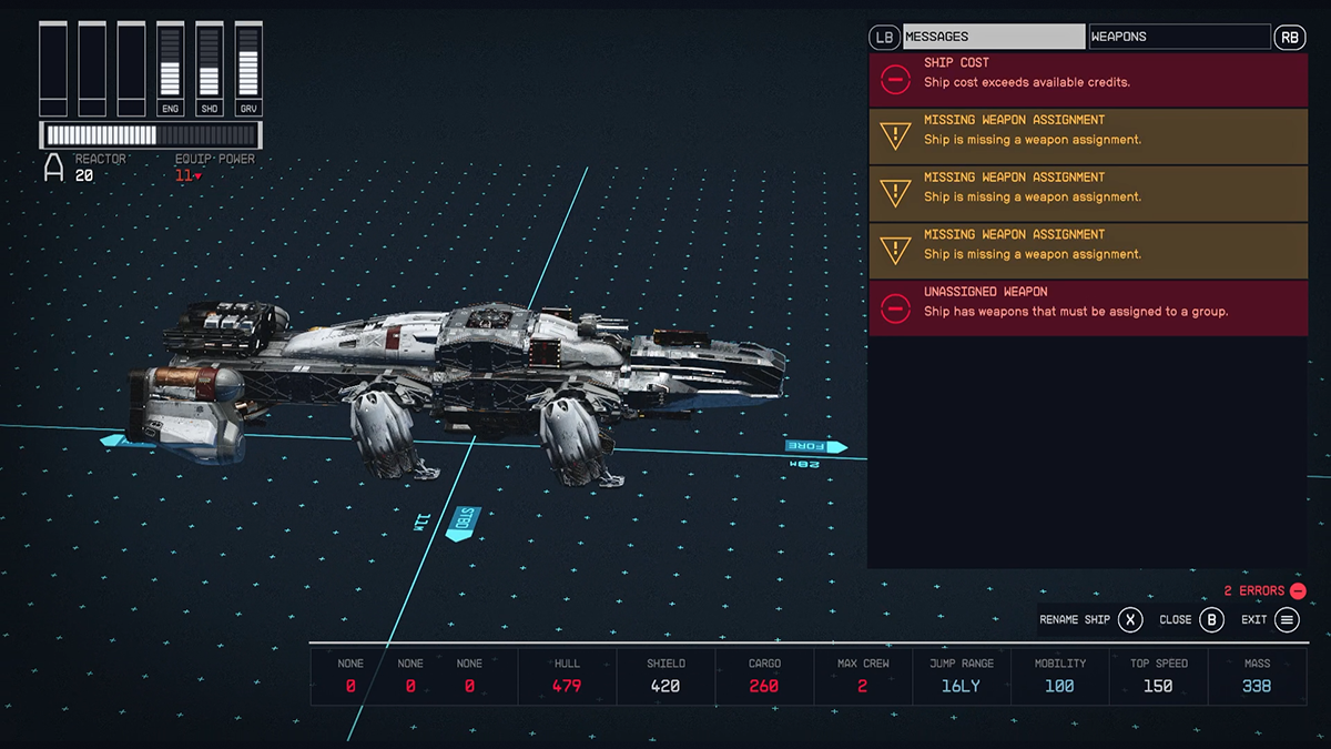 A ship building menu from Starfield featuring a number of error messages about an incompatible ship part.