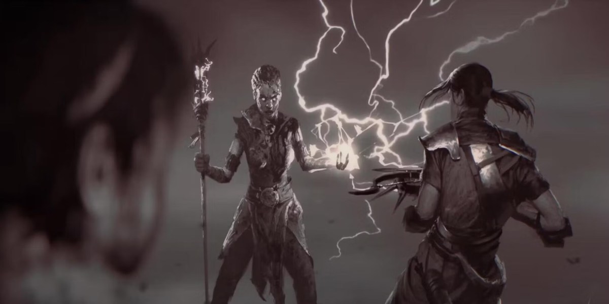 A character in Diablo 4 stands in front of a sorceress conducting lightning.
