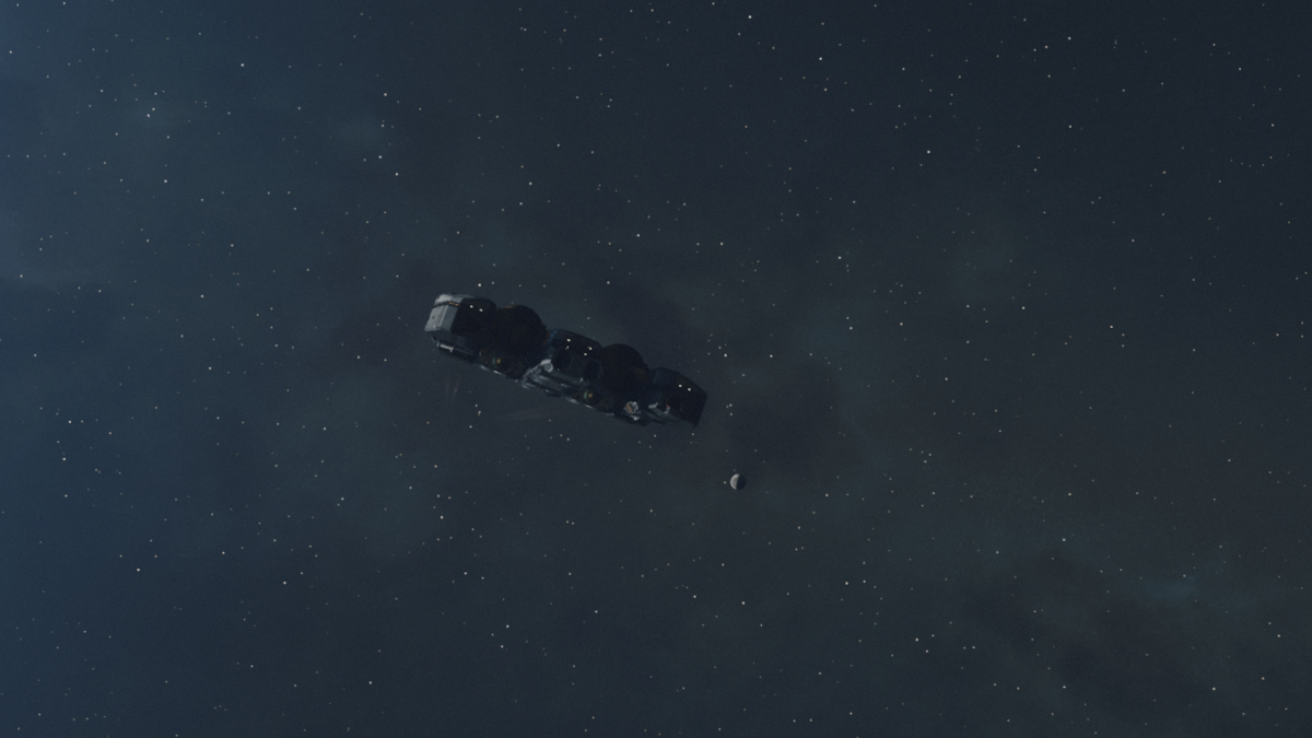 Image of a space ship in the depths of space, making way to a distant moon.