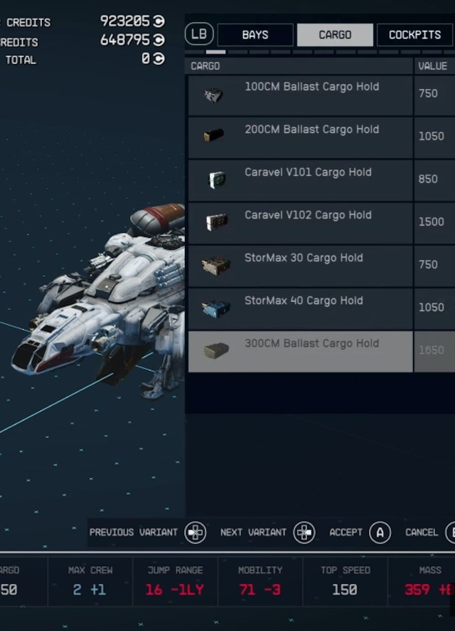 Storage options in Starfield showcased in the ship modification panel.