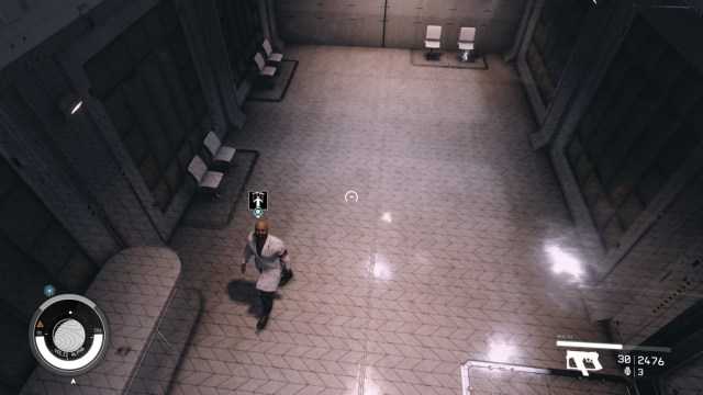 An overhead shot of Demarcus from Starfield, who walks through a room in a lab coat. A puppet icon appears above his head.