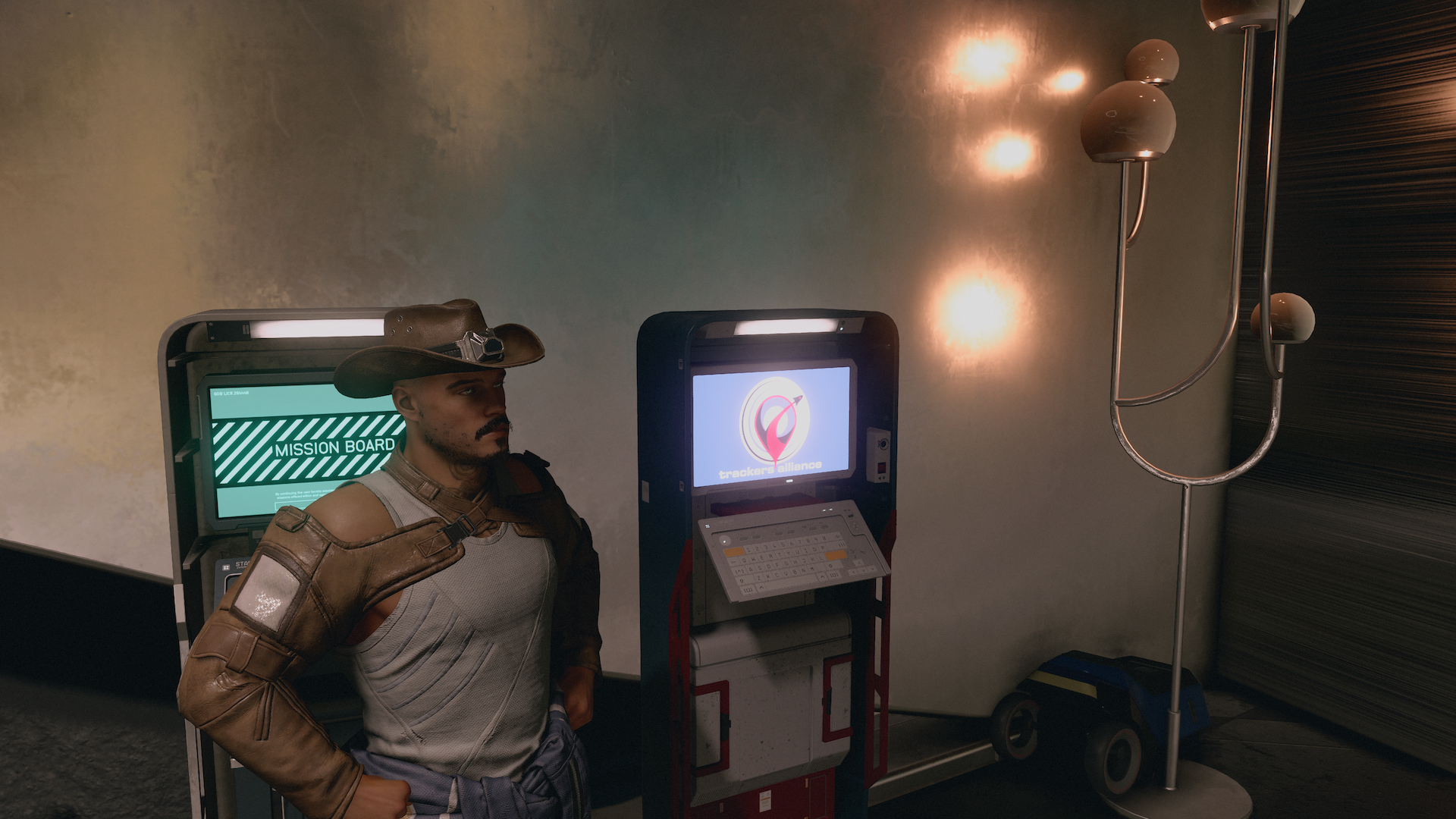 Starfield character stood next to bounty clearance kiosk in new atlantis