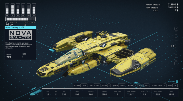 A black and yellow starship being examined in Starfield's build mode. A piece of cowling towards the front is highlighted by a cursor.