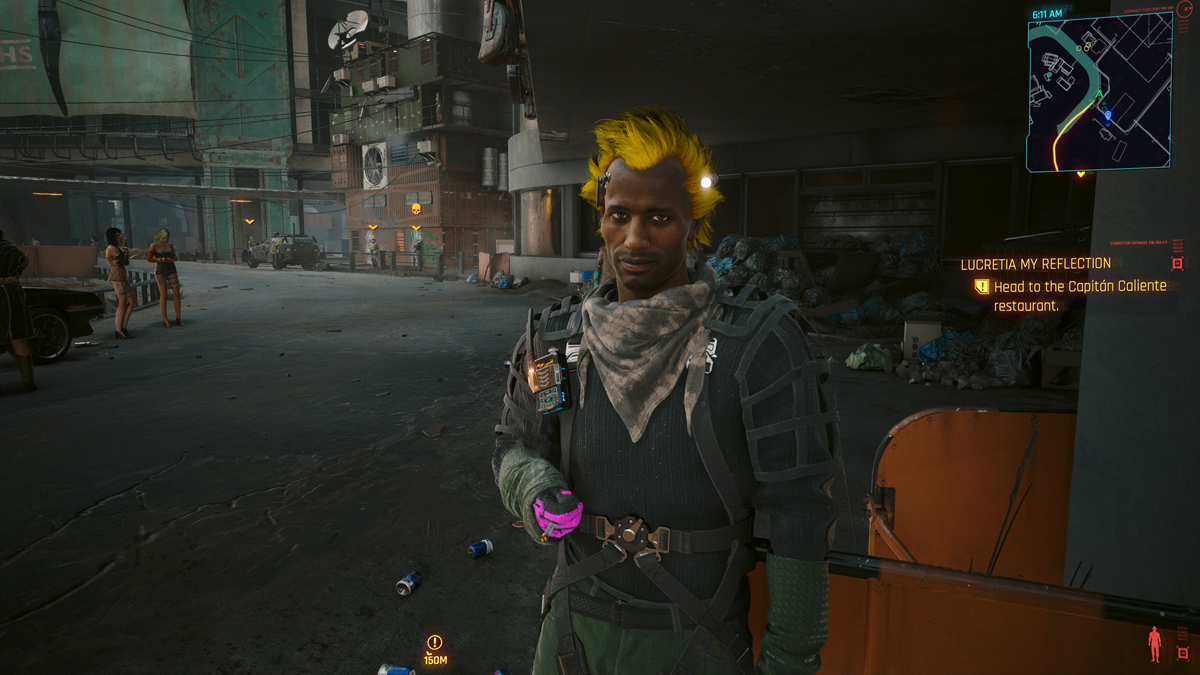 A man with bright yellow hair in Cyberpunk 2077. 