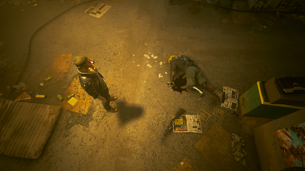 A dead body lies on the floor of an apartment in Cyberpunk 2077. 