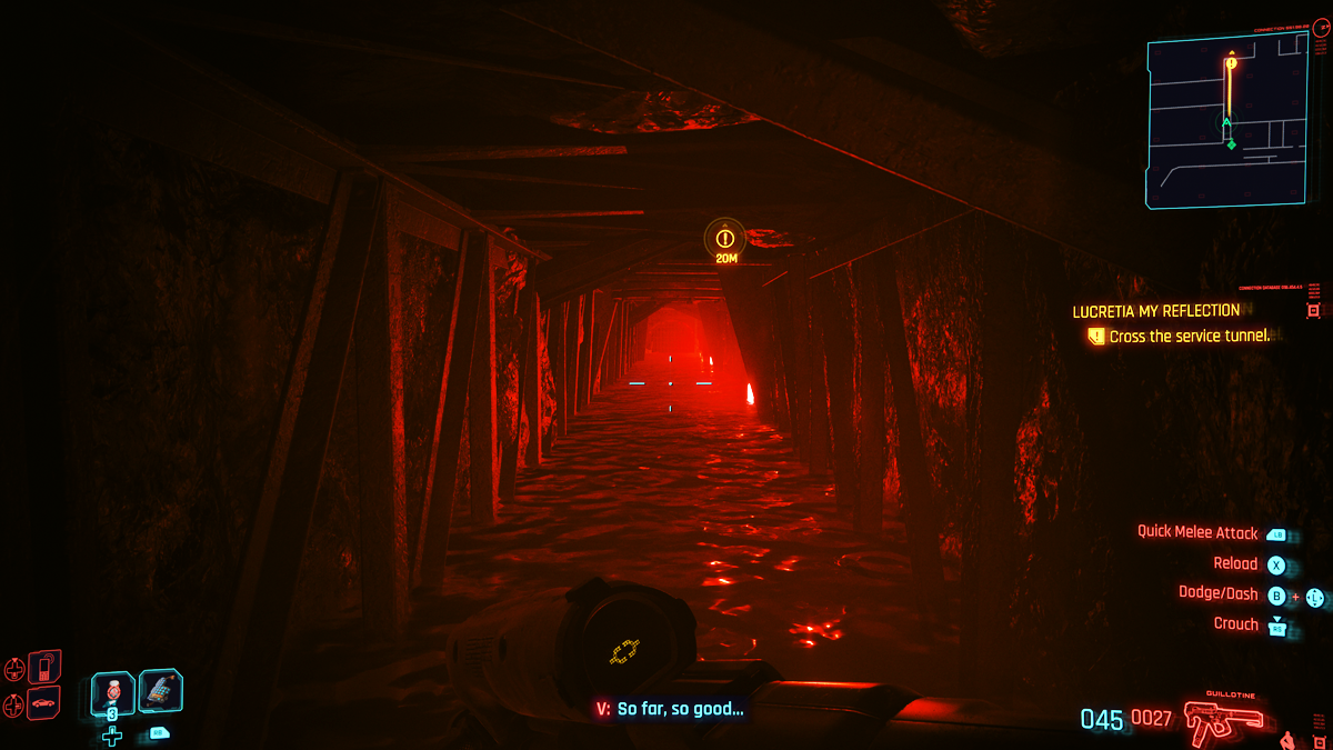 A watery tunnel in Cyberpunk 2077. 