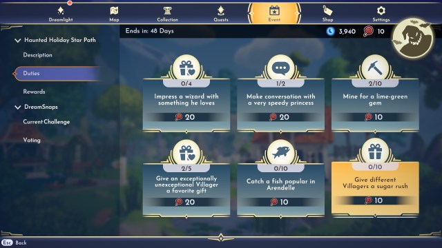The duties section of the Haunted Holiday Star Path.