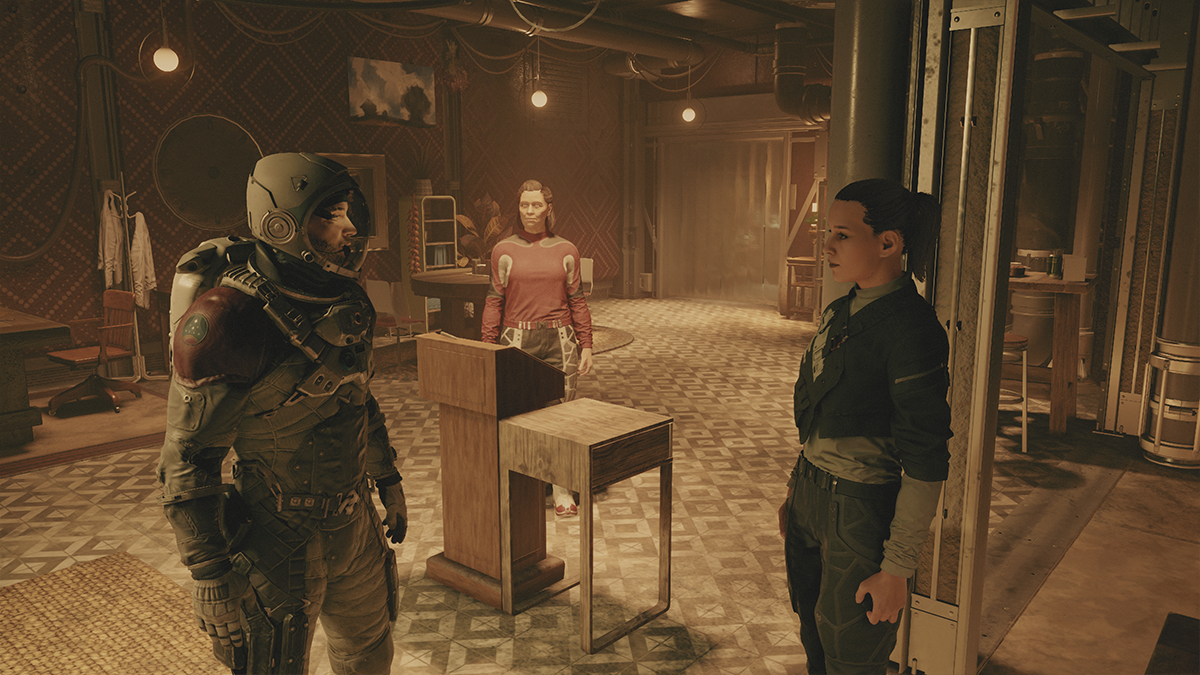 A man in a spacesuit talks to a woman inside a restaurant in Starfield. 
