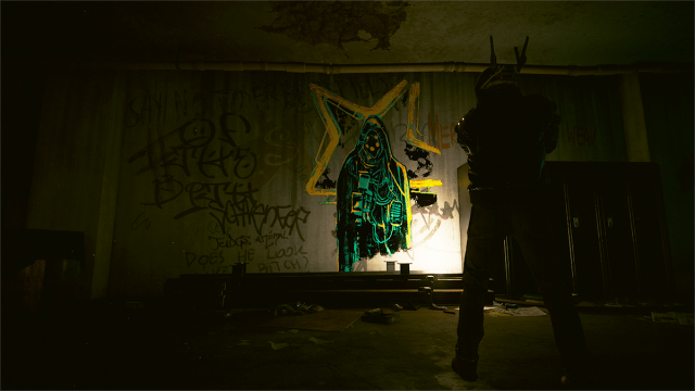 An elaborate mural painted on a wall in Cyberpunk 2077.