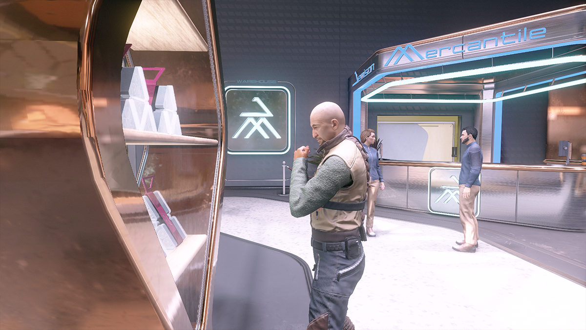 A man looks at a display case inside a high-end store in Starfield. 