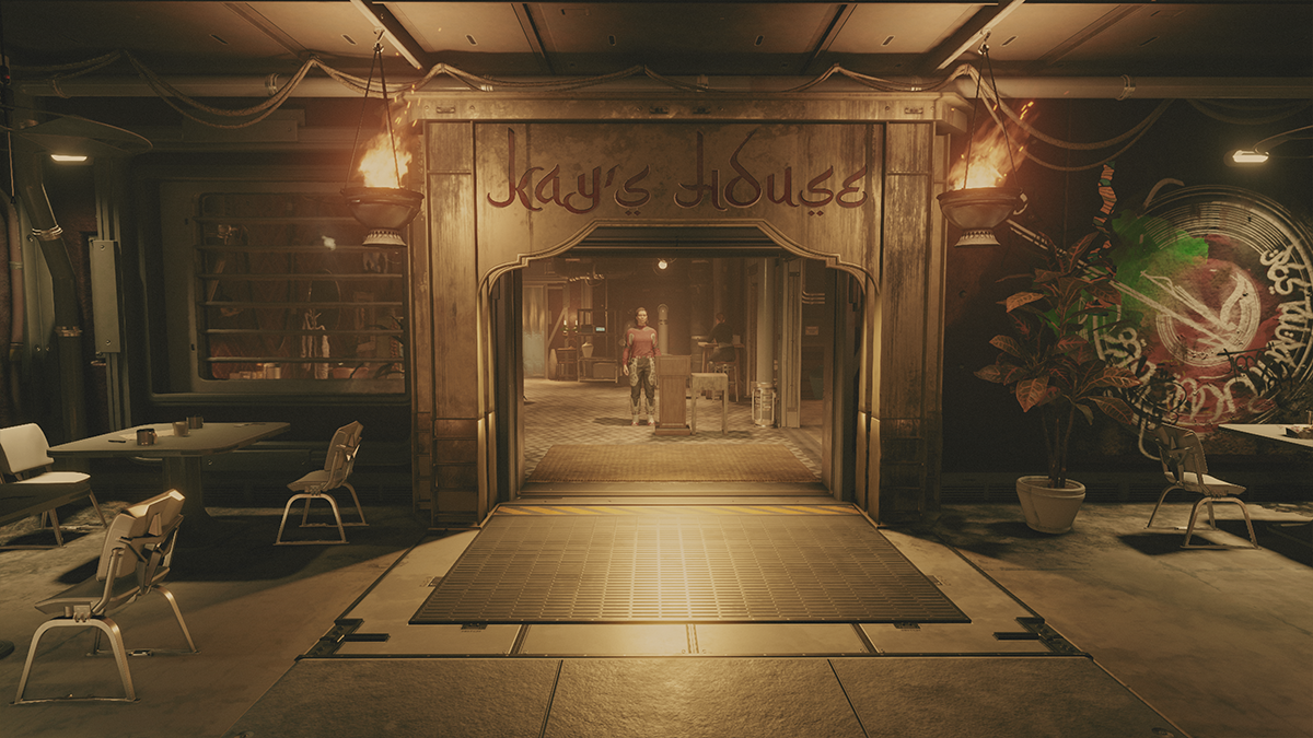 A restaurant with the words Kay's House written above the entrance in Starfield. 