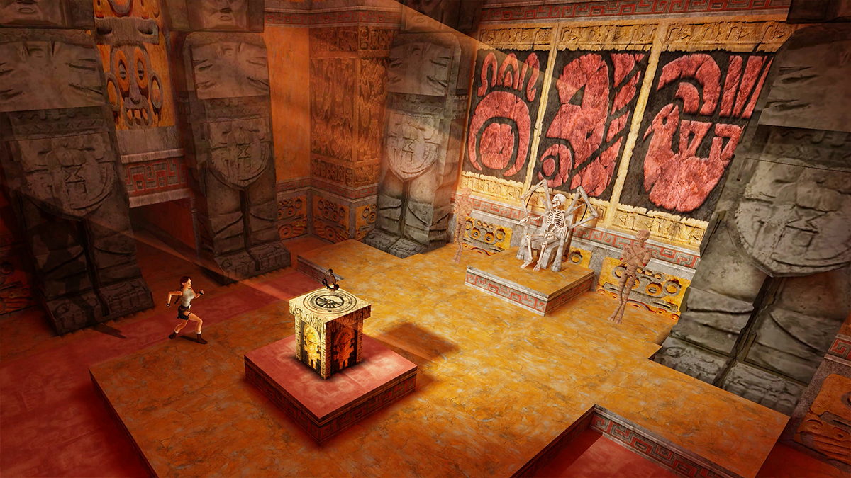 Lara Croft runs into a temple room with an artifact on a pedestal in the middle and a skeleton sitting on a throne.