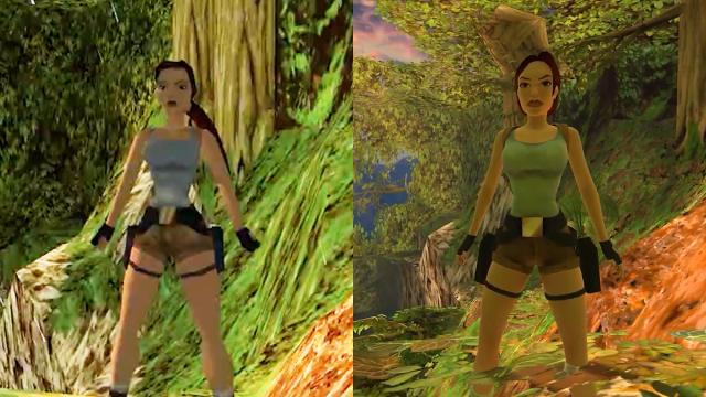 A side by side comparison of Lara Croft from the upcoming remaster of Tomb Raider I-III