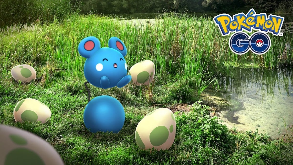 Azurill bouncing around Eggs in Pokemon Go.