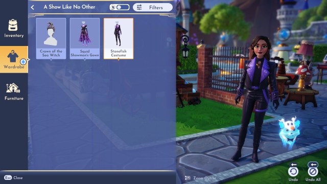 The player standing and trying on one of the outfits in the pack. 