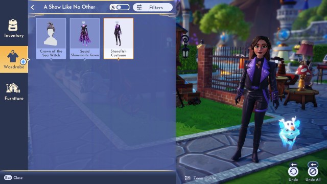 The player standing and trying on one of the outfits in the pack.