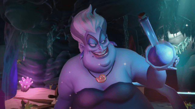 Ursula holding a potion and grinning. 