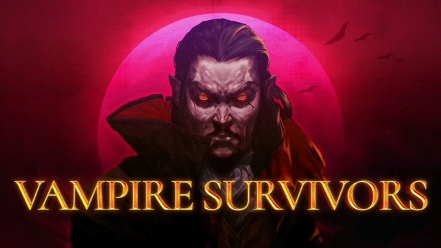 The title card for Vampire Survivors, featuring a vampire with red glowing eyes.