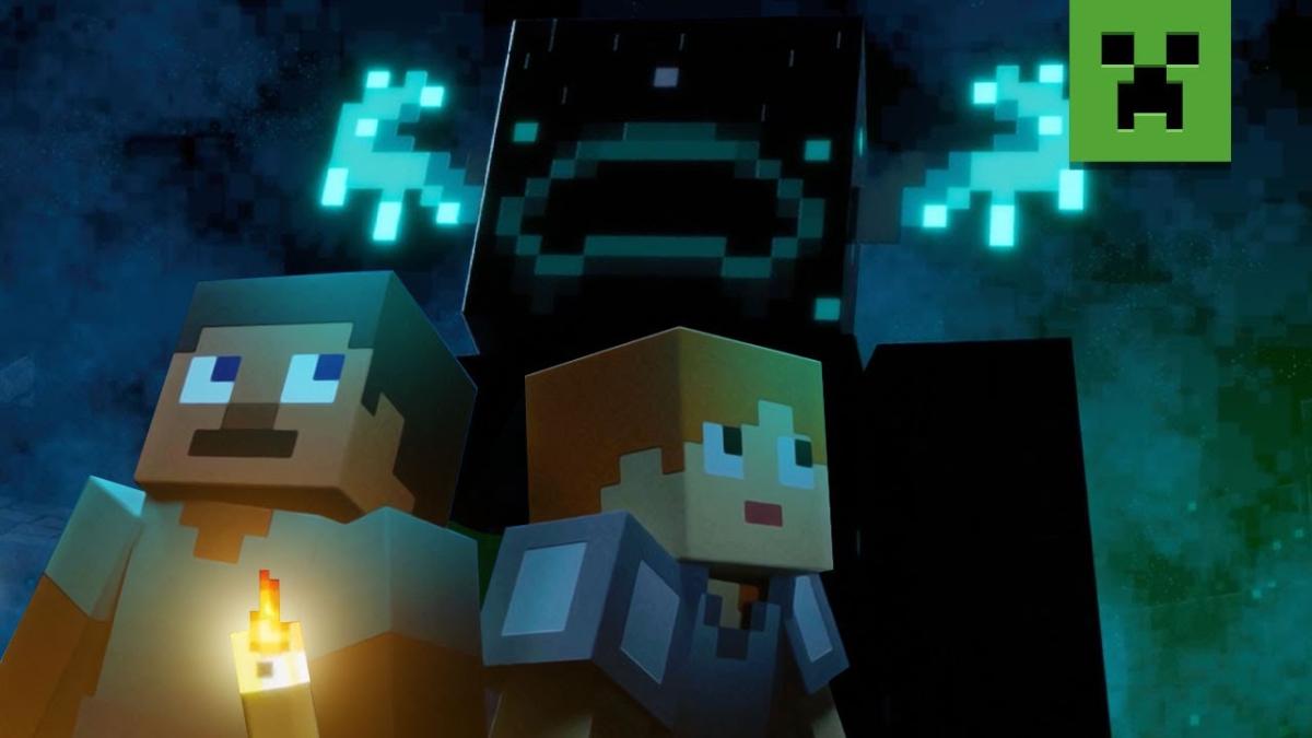 The Warden looming over Alex and Steve in Minecraft.