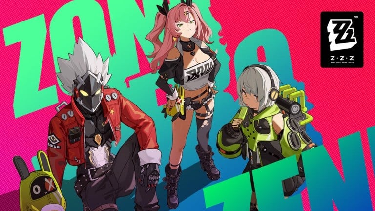 Three Zenless ZOne Zero characters standing in front of the logo.