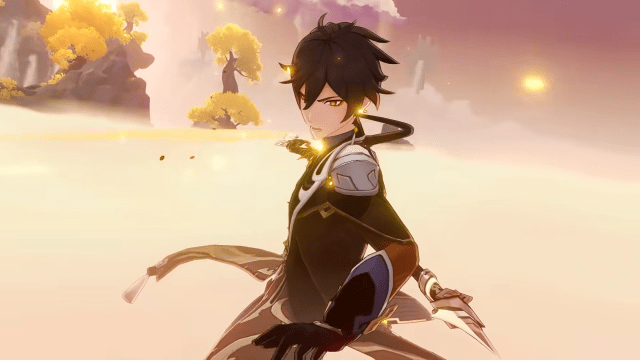 Zhongli turning around angrily while fighting in a battle among the clouds.