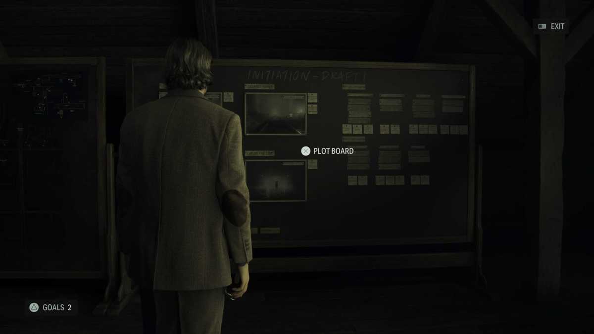 Alan Wake stands in a suit in front of a Plot Board in Alan Wake 2.