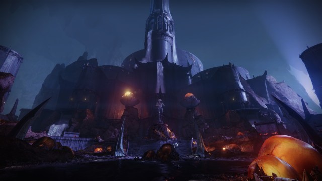 A dark Hive structure with waterfalls looms over a pustule-filled land, with a statue of Sathona in the middle of the area.