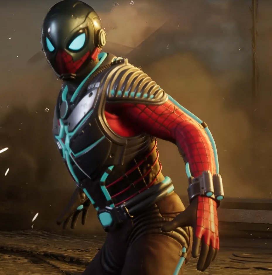 Peter Parker wearing the The 25th Century Suit in Marvel's Spider-Man 2.