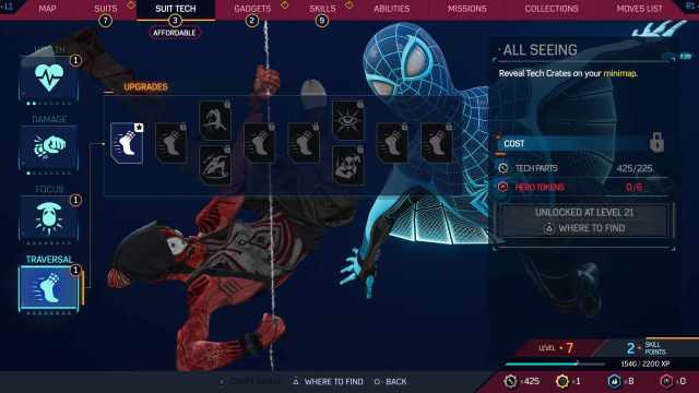 Suit tech tab in Spider-Man 2 settings with All seeing perk for Tech crate farming