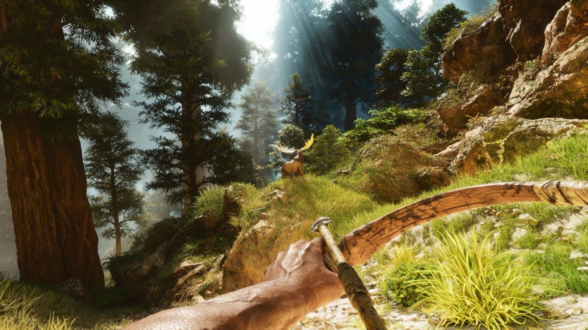 A player in Ark: Survival Ascended draws a bow to aim at a Megaloceros.