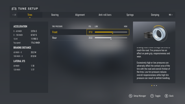 A screenshot of the Tuning menu in Forza Motorsport showing sliders to adjust tire pressure.