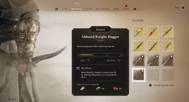 Image of the weapons inventory in Assassin's Creed Mirage displaying the the dagger.