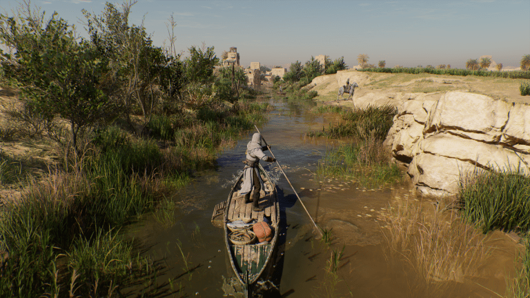 Image of a man in a white robe rowing a boat down a narrow river,