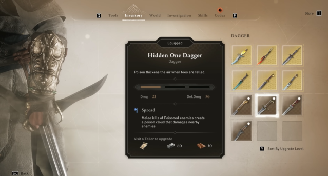 Image of the weapons inventory in Assassin's Creed Mirage displaying the Hidden One Dagger.