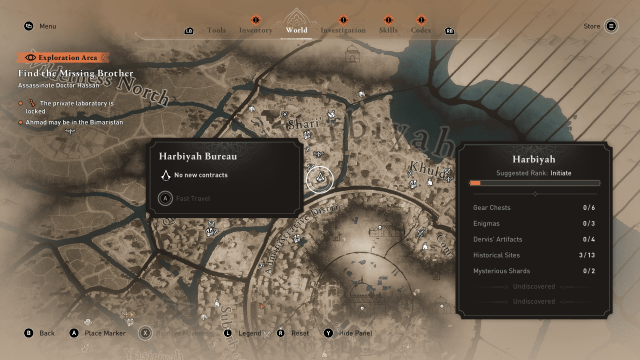 Image of the map in Assassin's Creed Mirage showing the location of the Harbiyah Bureau.