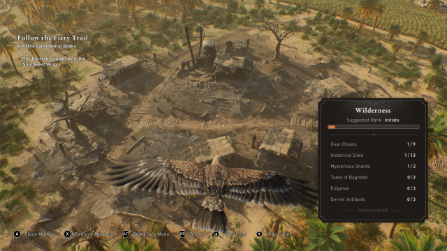 Image of an eagle circling over a burned village.