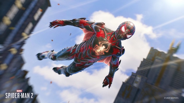 Miles Morales flying through the air with web wings in Spider-Man 2