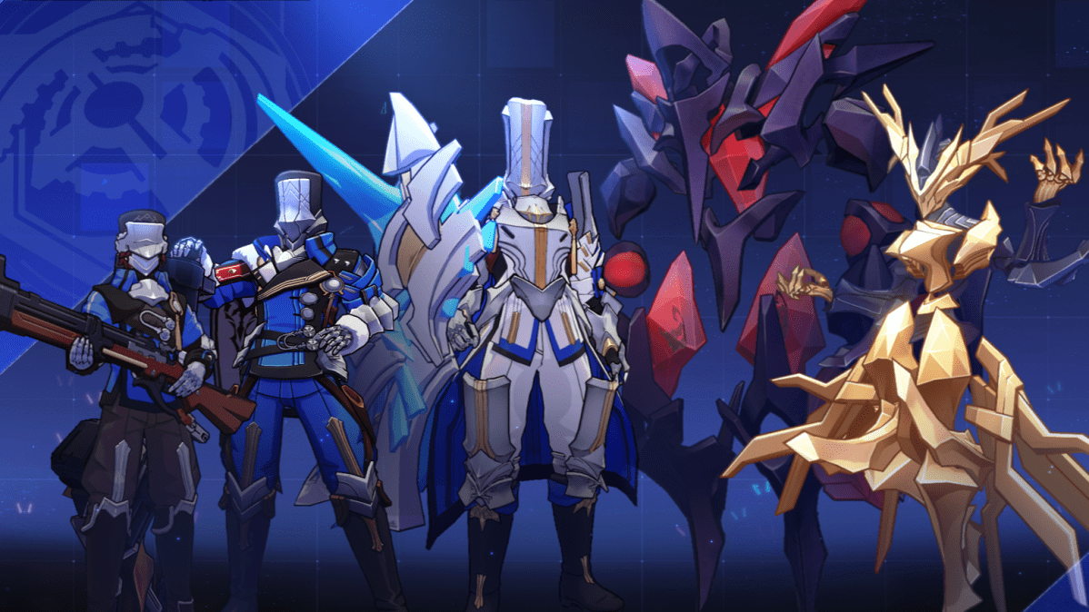 Five Aether Spirits posing together as a team in the Aetherium Wars event.