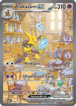 Image of Alakazam ex with spoons casting spell through Alakazam ex Pokemon TCG card