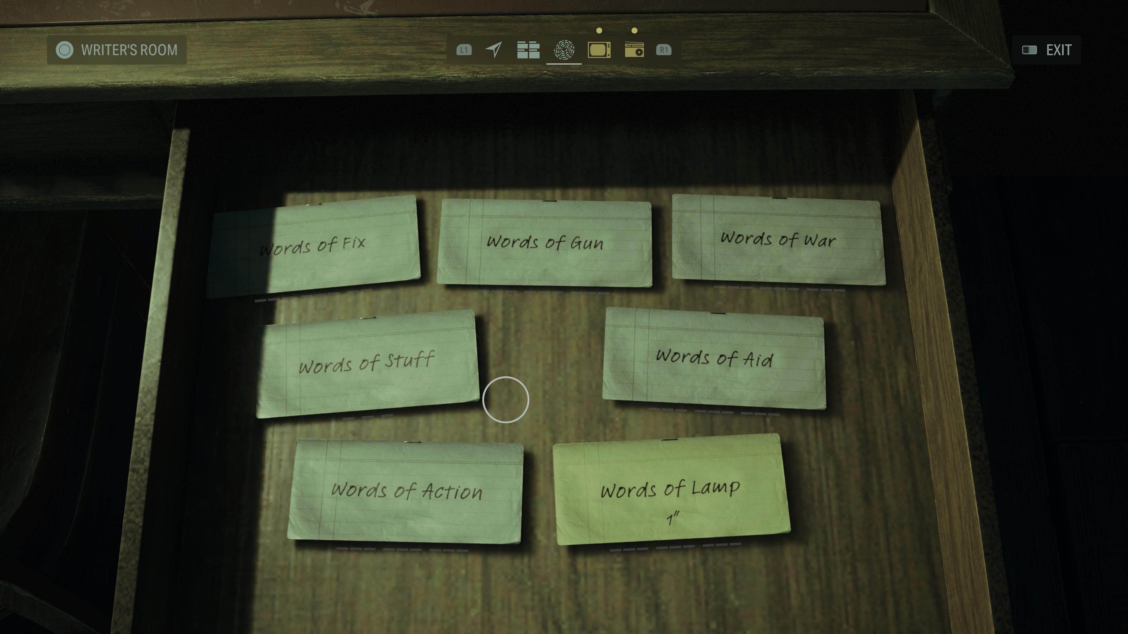 The Words of Power section of the writers room in Alan Wake 2.