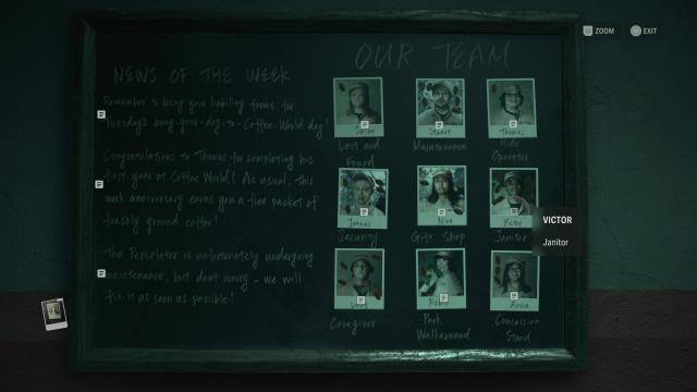 Alan Wake 2 Coffee World employee board showing all employees