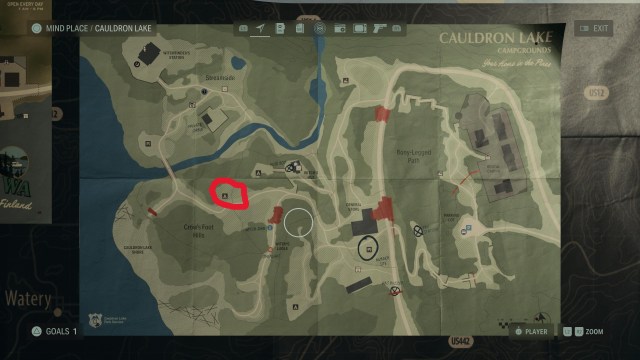 Cauldron Lake map with streamside stash location circled