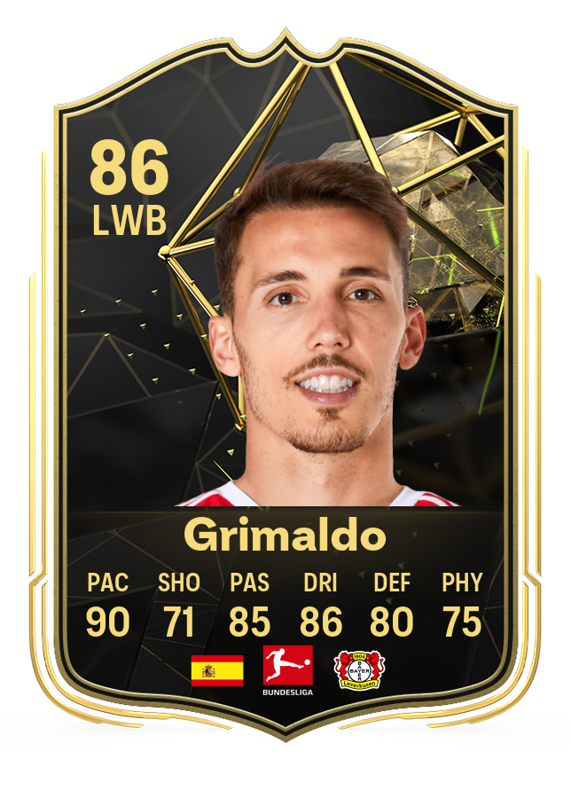 Screenshot of Alejandro Grimaldo's 86-rated card in EA FC 24's Ultimate Team TOTW 3.