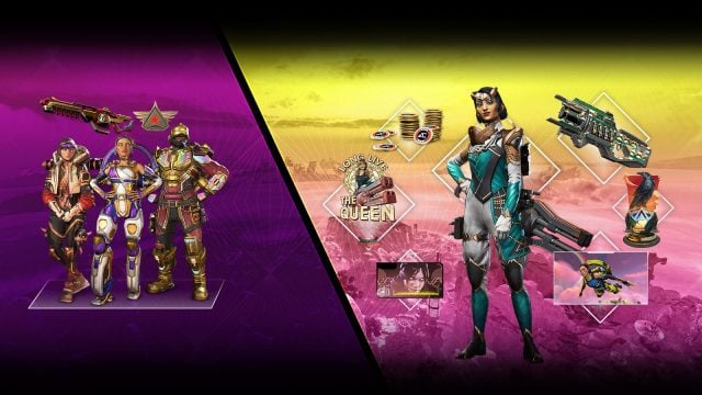 A promotional image from the Ignite battle pass showing Conduit, Wattson, and Newcastle in their season 19 skins on the left, and other rewards on the right, including Rampart's legendary skin.