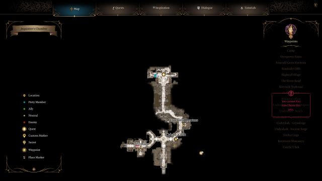 Image of the map in Baldur's Gate 3 showing the location of the Inquisitor's Room.