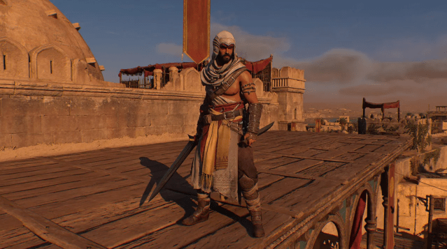 The complete Zanj set in AC Mirage including the sword. dagger. and outfit.