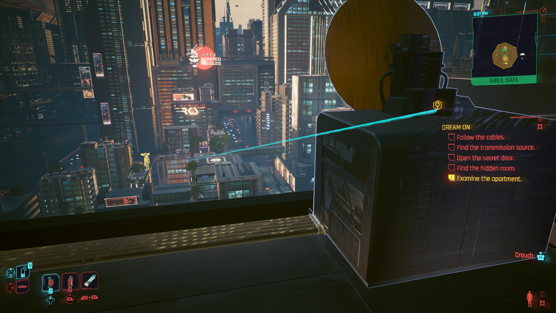 the dish on the roof of the Peralez's apartment leading to a source several blocks away (Cyberpunk 2077)