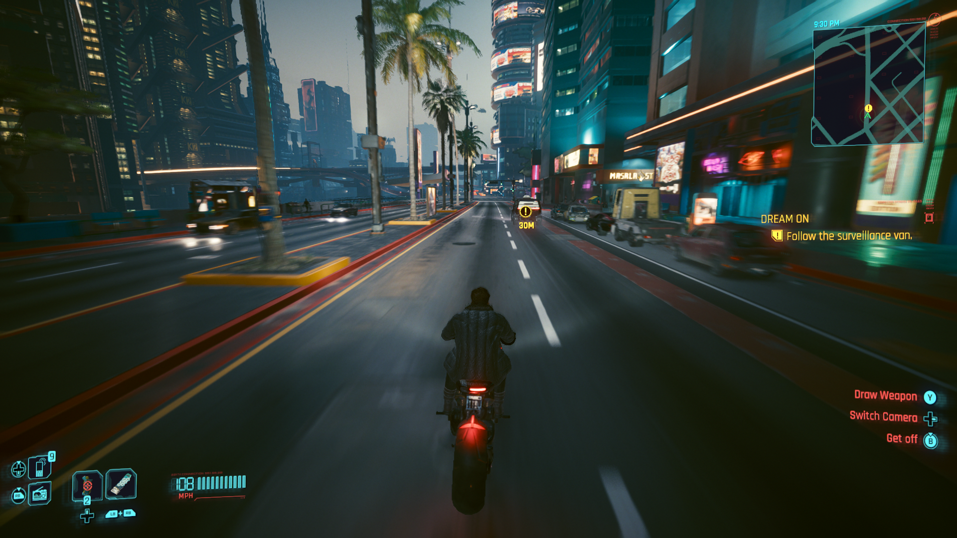 V chasing after a van on a motorcycle in Night City (Cyberpunk 2077).